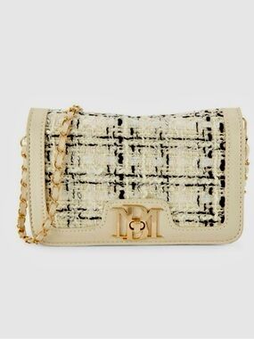BADGLEY MISCHKA Cream Tweed Crossbody w Gold Chain Handbag Purse Bag